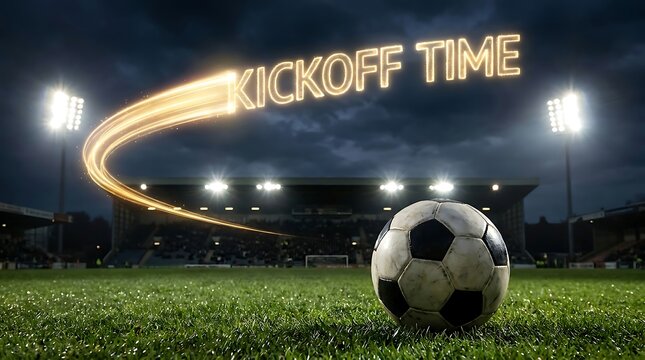 soccer ball on field with kickoff time lights