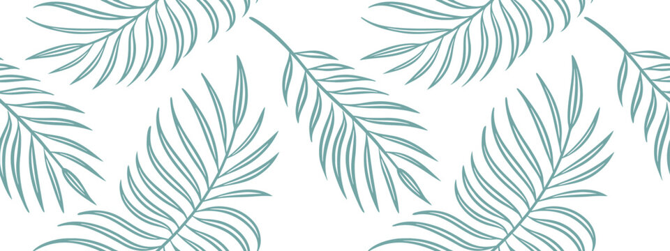 Seamless palm leaf pattern with tropical fern fronds in teal outline style. Botanical background features exotic foliage design. Perfect for fabric, wallpaper, and textile print projects.