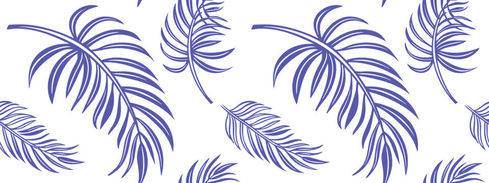 Seamless palm leaf pattern with tropical fern fronds in blue outline style. Botanical background features exotic foliage design. Perfect for fabric, wallpaper, and textile print projects.