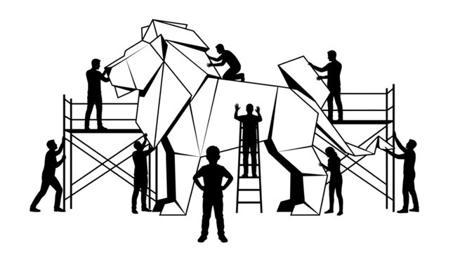 Silhouettes constructing geometric origami structure on scaffolding in minimalist black and white style