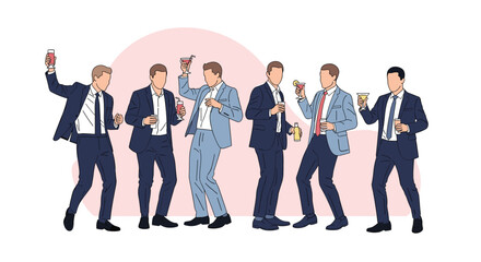 Obraz premium Group of elegant men in business suits dancing and drinking delicious cocktails at a festive party or corporate social event.
