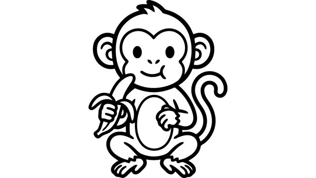 Cute cartoon monkey eating a banana line art illustration isolated on transparent background for kids coloring book page