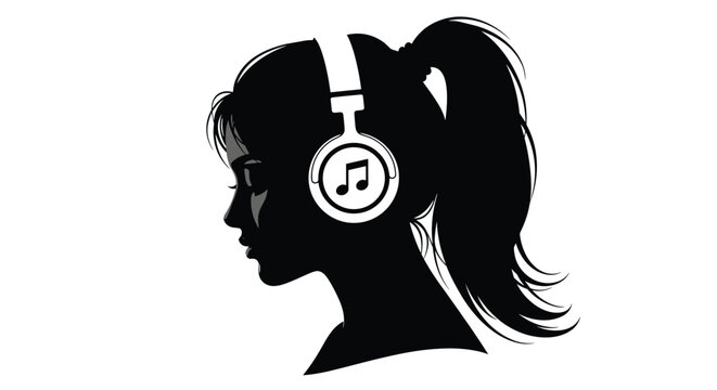 Black silhouette of a young girl's head wearing headphones with a music note icon listening to her favorite song.