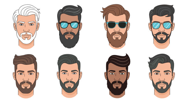 Variety of male character head portraits showcasing diverse hairstyles, facial hair grooming styles, and fashionable eyewear options.