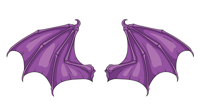 Pair of large purple dragon or bat wings with sharp claws and bony structure isolated on a white background.