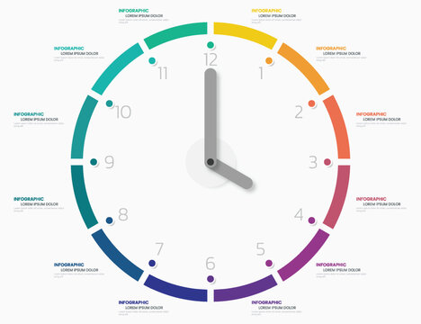 Colorful clock face infographic with numbered segments and time display vector illustration