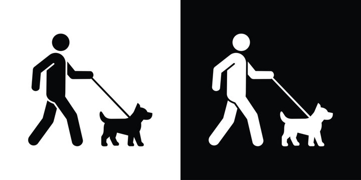 Minimalist man walking dog on a leash icon set. Black and white vector pictogram representing pet care, daily dog walking, and domestic animals.