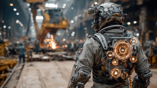 Professional engineer wearing a haptic exoskeleton suit lifting heavy industrial equipment with glowing power icons representing human augmentation and safety technology in manufacturing 