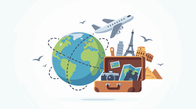 Globe plane and suitcase with landmarks for worldwide travel