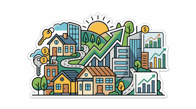 Growing city skyline with houses keys and financial charts