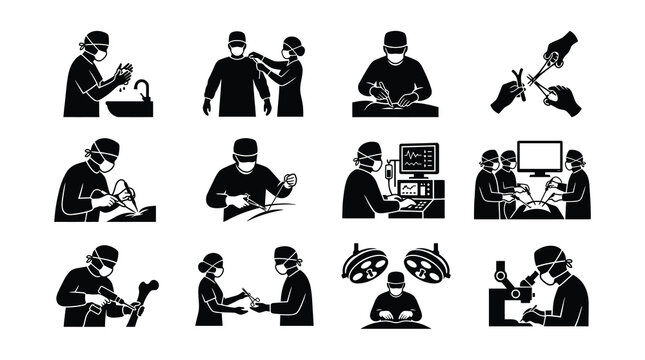 Surgery and Surgeon Medical Icons Set - Operating Room, Surgical Procedure, Healthcare and Hospital Vector Symbols.