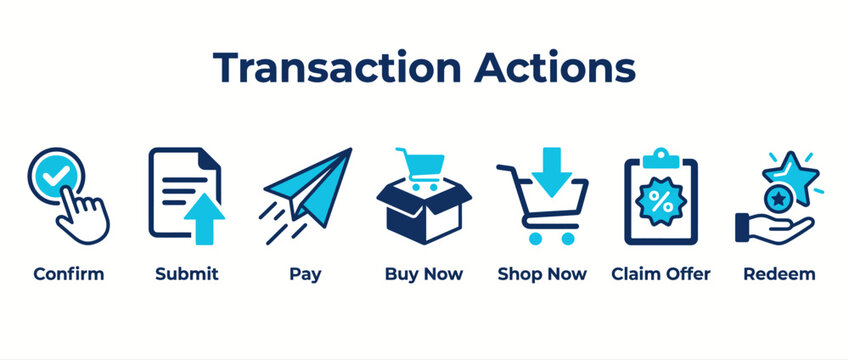 Transaction actions icon set, ecommerce shopping buttons, flat business vector graphics