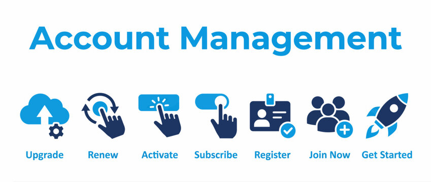 Account management icon set, blue user profile symbols, website registration vector set
