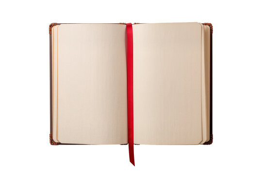 Isolated open blank notebook journal with a red ribbon bookmark and empty creamy pages