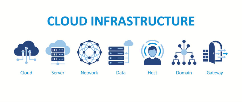 Cloud infrastructure vector icon set, blue network server database icons for web