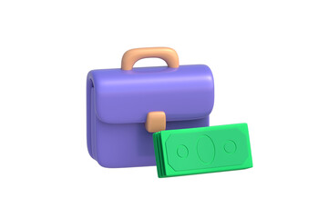 Obraz premium Investment portfolio. Capital management. Profit making. Sovereign debt. Corporate tax. Small business revenue budgeting. Leather briefcase and paper banknotes isolated on white background. 3d render