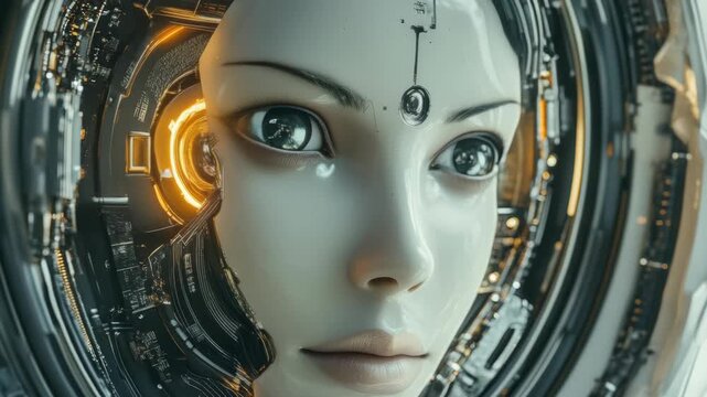 A human-like robot with a high-tech interface on its face, representing advanced technology and artificial intelligence.