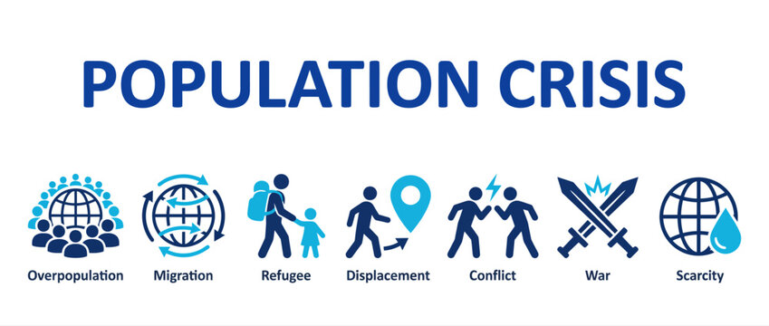 Population crisis icon set, global migration and refugee vector elements, war conflict