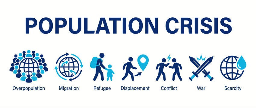 Population crisis vector icons, global migration and refugee overpopulation set