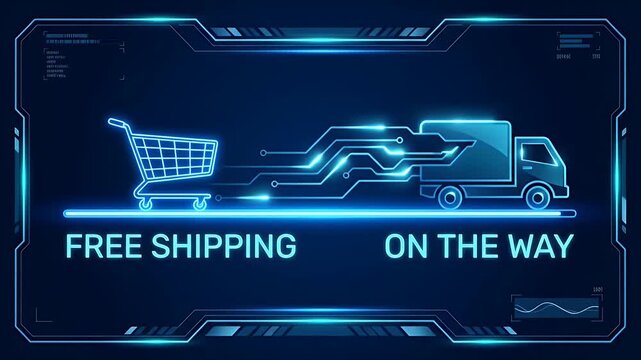 Free shipping concept featuring neon glowing shopping cart and delivery truck icons connected by digital circuit lines on dark futuristic blue background for fast online ecommerce technology delivery