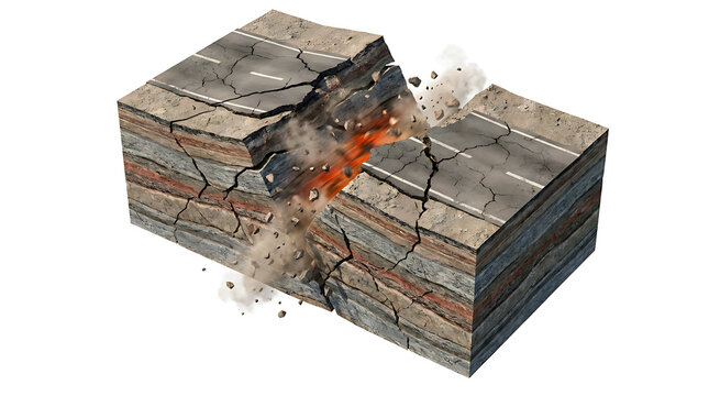 Cross Section of Earthquake Damage on Road Infrastructure Isolated on White Background