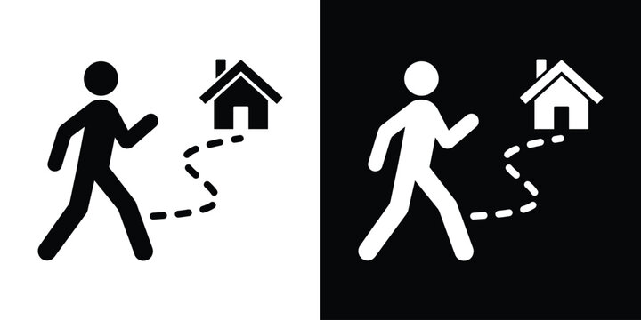 Person walking home icon set. Black and white vector pictogram showing a route path to a house, representing returning home, navigation, and real estate.