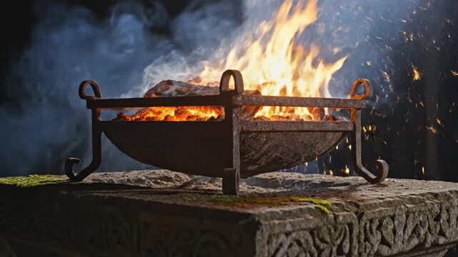Rustic Metal Fire Pit Burning Wood Logs On A Stone Pedestal In The Dark Night Emitting Bright Orange Flames And Smoke Clouds For Outdoor Warmth