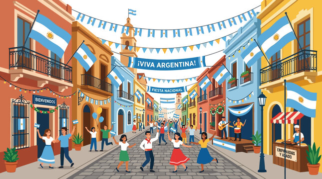 Vibrant Argentine street scene, colorful buildings, festive flags, Viva Argentina celebration, Latin American culture isolated on Transparent Background