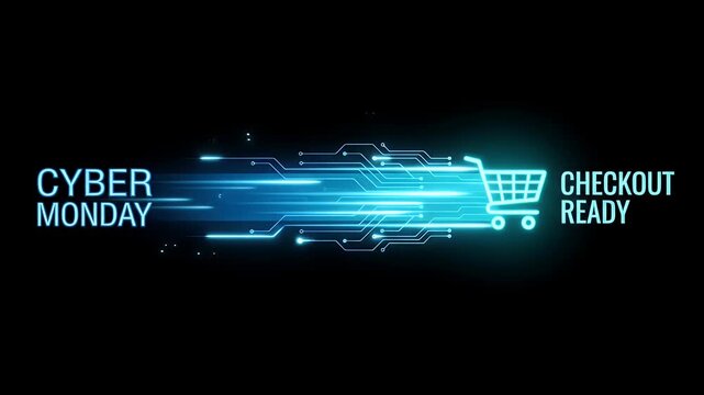 Cyber Monday checkout ready concept featuring digital shopping cart with glowing blue light streaks and futuristic circuit lines symbolizing fast technology innovation