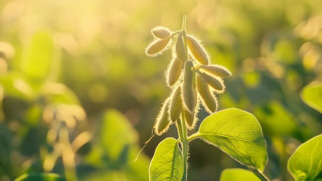 Close-up of a bean plant in a field with sunlight shining on it.