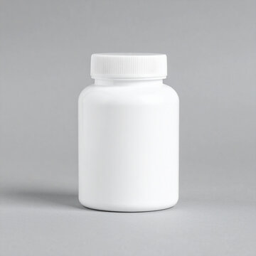 Blank white plastic medical jar on pastel gray background, ideal for pharmaceutical or vitamin branding. Close-up.