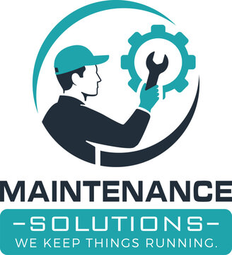 Wartung und Instandhaltung Logo mit Techniker, Schraubenschl&uuml;ssel und Zahnrad Symbol