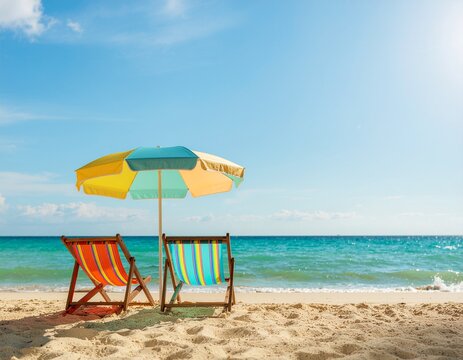 Beach umbrella with chairs on the sand. summer vacation concept. 3d rendering