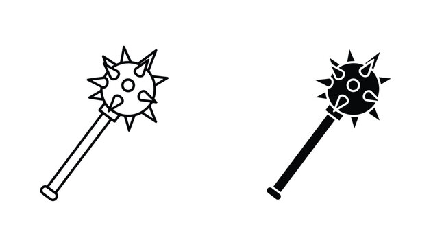 Morning star mace vector icon isolated on white Black and white outline line art and solid glyph silhouette