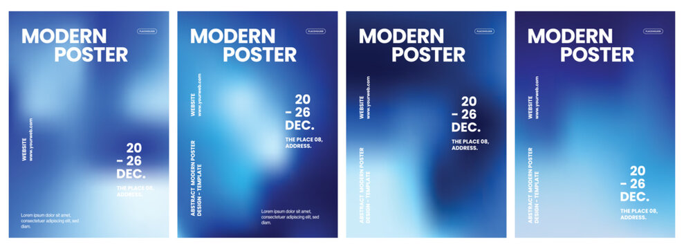 Vertical modern posters featuring smooth blue gradient backgrounds with white typography layouts designed for professional business marketing event promotions