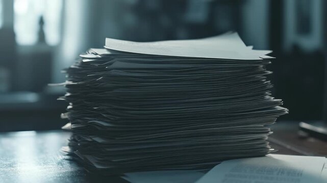 Close-up of paperwork piled up on a wooden desk in an office environment.