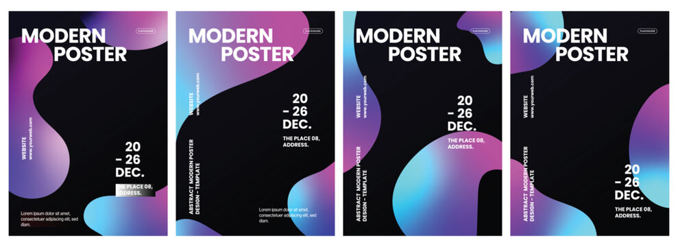 Modern event poster templates featuring vibrant liquid gradient shapes on a dark background for creative professional graphic design projects