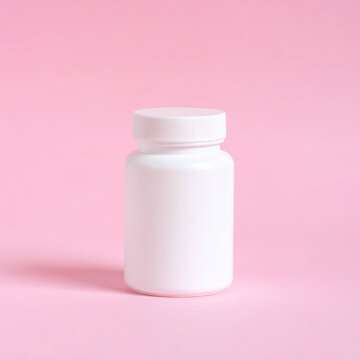 Blank white plastic medical jar on pastel pink background, ideal for pharmaceutical or vitamin branding. Close-up.