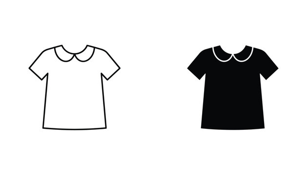 Peter Pan collar t-shirt vector icon isolated on white Black and white outline line art and solid glyph silhouette