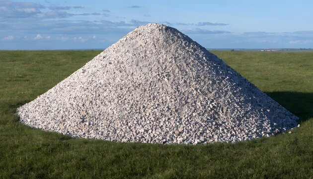 Large Pile of Small White and Gray Gravel Stones on Green Grass with Ocean Background