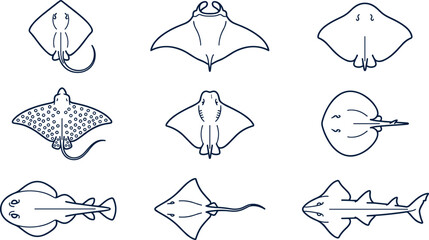 Hand Drawn Stingray and Ray Fish Outline Collection Featuring Marine Wildlife Sketches, Ocean Sea Creatures, and Minimal Vector Illustration Set © MstSuborna