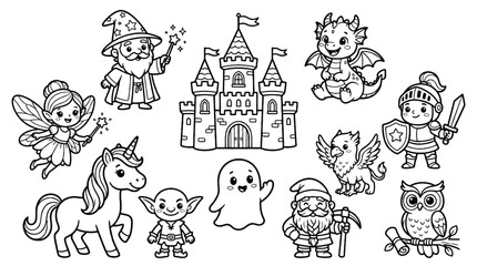 Fototapeta premium Cute Cartoon Fantasy Characters Vector Set with Wizard Dragon Fairy Knight Unicorn and Magical Creatures in Black and White
