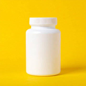 Blank white plastic medical jar on pastel yellow background, ideal for pharmaceutical or vitamin branding. Close-up.