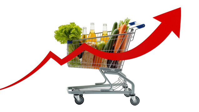 Isolated shopping cart full of groceries and a red arrow symbolizing rising cost of living.