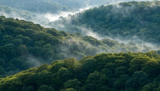 Misty Forest Hills with Lush Green Trees in Dramatic Morning Light