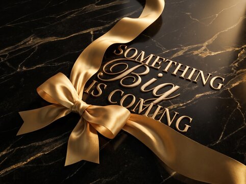 Golden ribbon, announcement text, black marble background, luxury invitation, promotional concept