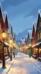 Obraz premium Cozy winter village street at twilight with festive lights