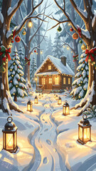 Fototapeta premium Cozy winter cabin in snowy forest with lanterns
