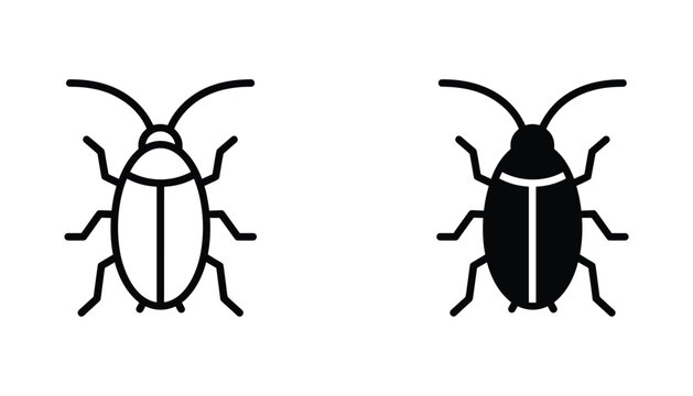 Cockroach vector icon isolated on white Black and white outline line art and solid glyph silhouette