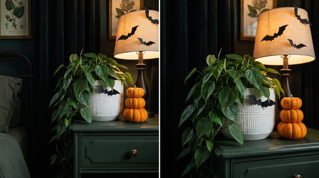 Moody dark green bedroom with Halloween pumpkin decor